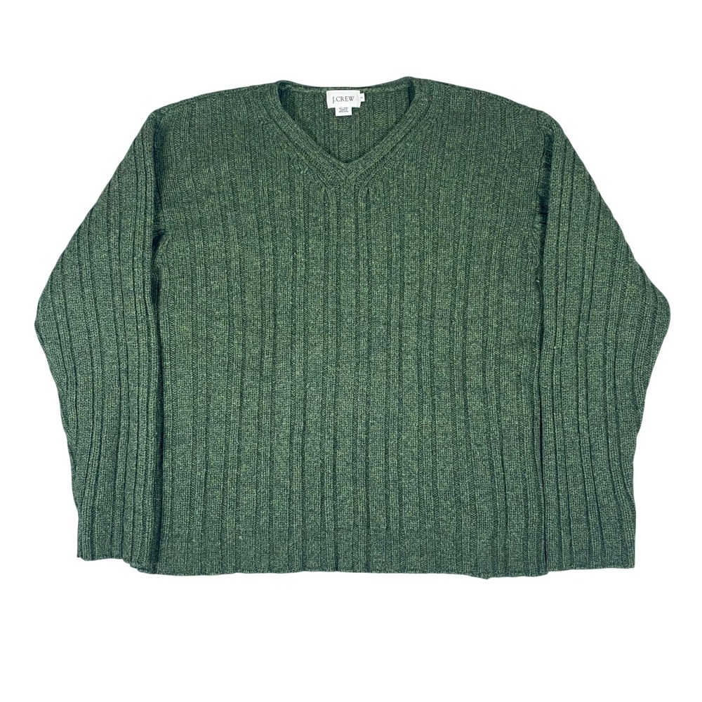 Vintage J. Crew V-Neck Sweater Mens Large Green Wool Ribbed Knit Long Sleeve